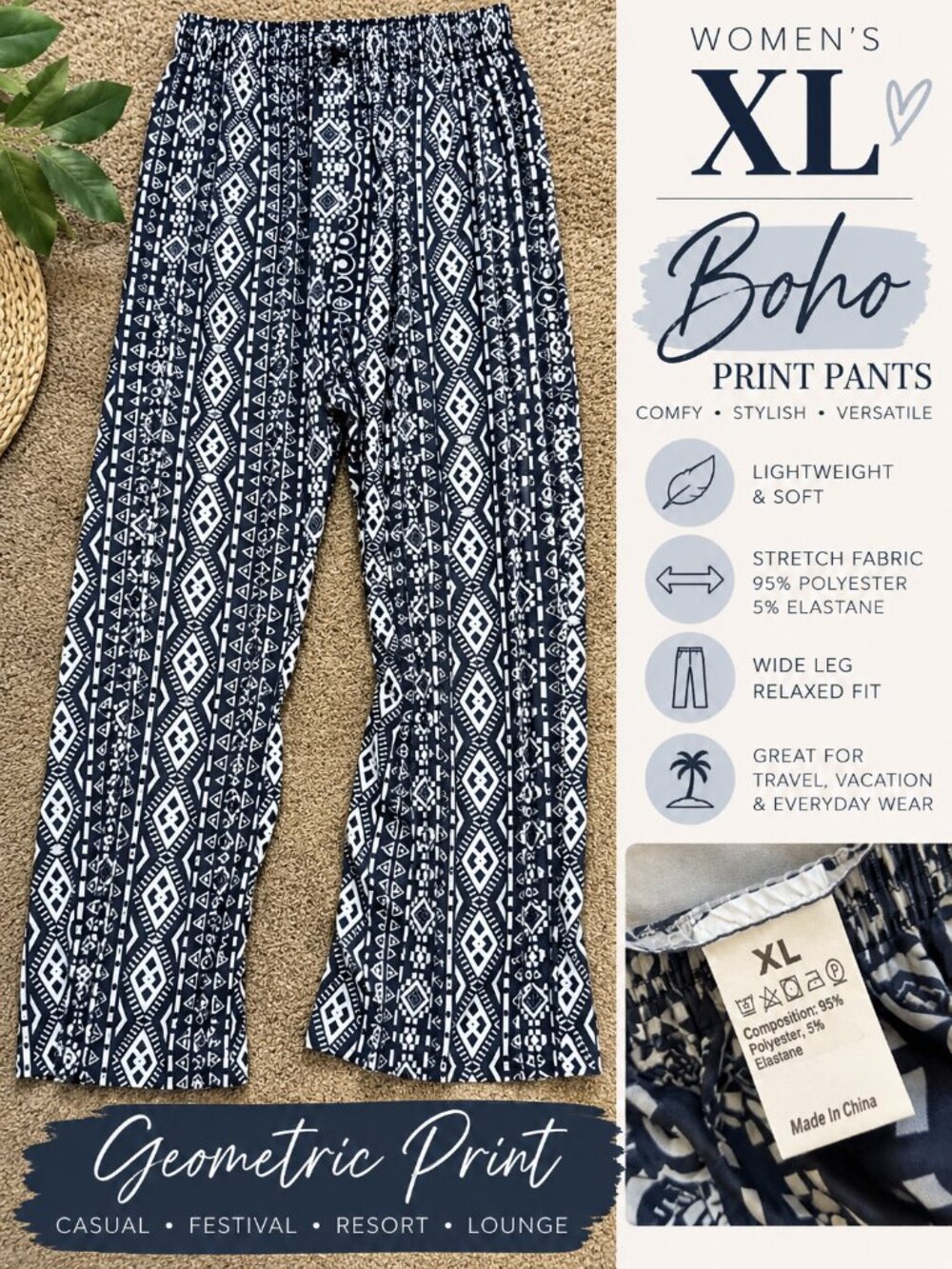 NEW Women’s XL Navy White Geometric Boho Wide Leg Stretch Pants